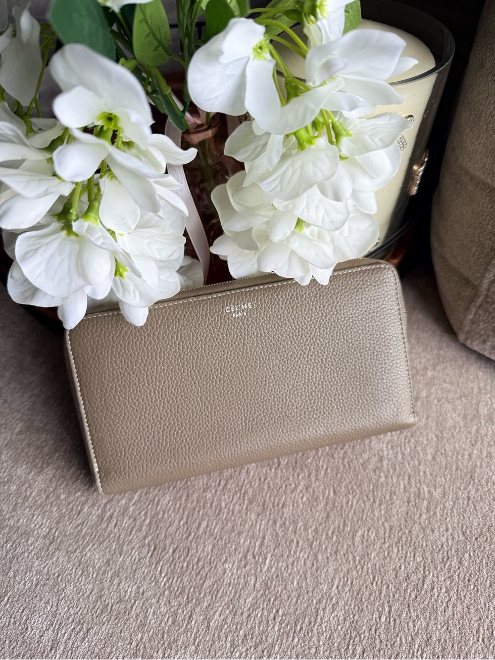 Celine Zip-Around Pebbled Leather Wallet in Taupe Beige Authentic